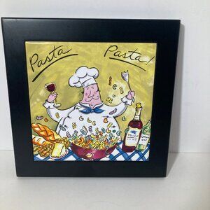 Mudpie Pasta Chef Pizza‎ Wine Trivet Tile Wall Hanging Black Framed 8 x 8"